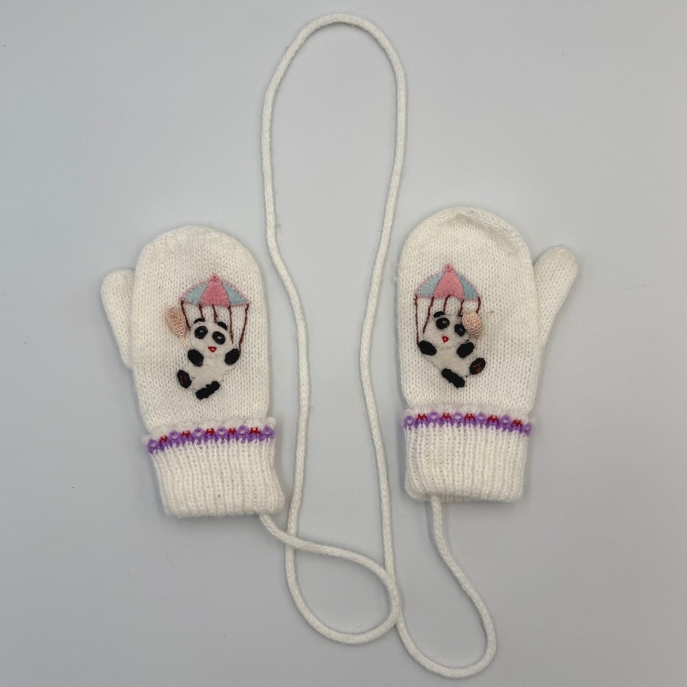 Vtg Baby Mittens with String | Panda, Balloon, Parachute | 1980s 100%‎ Acrylic